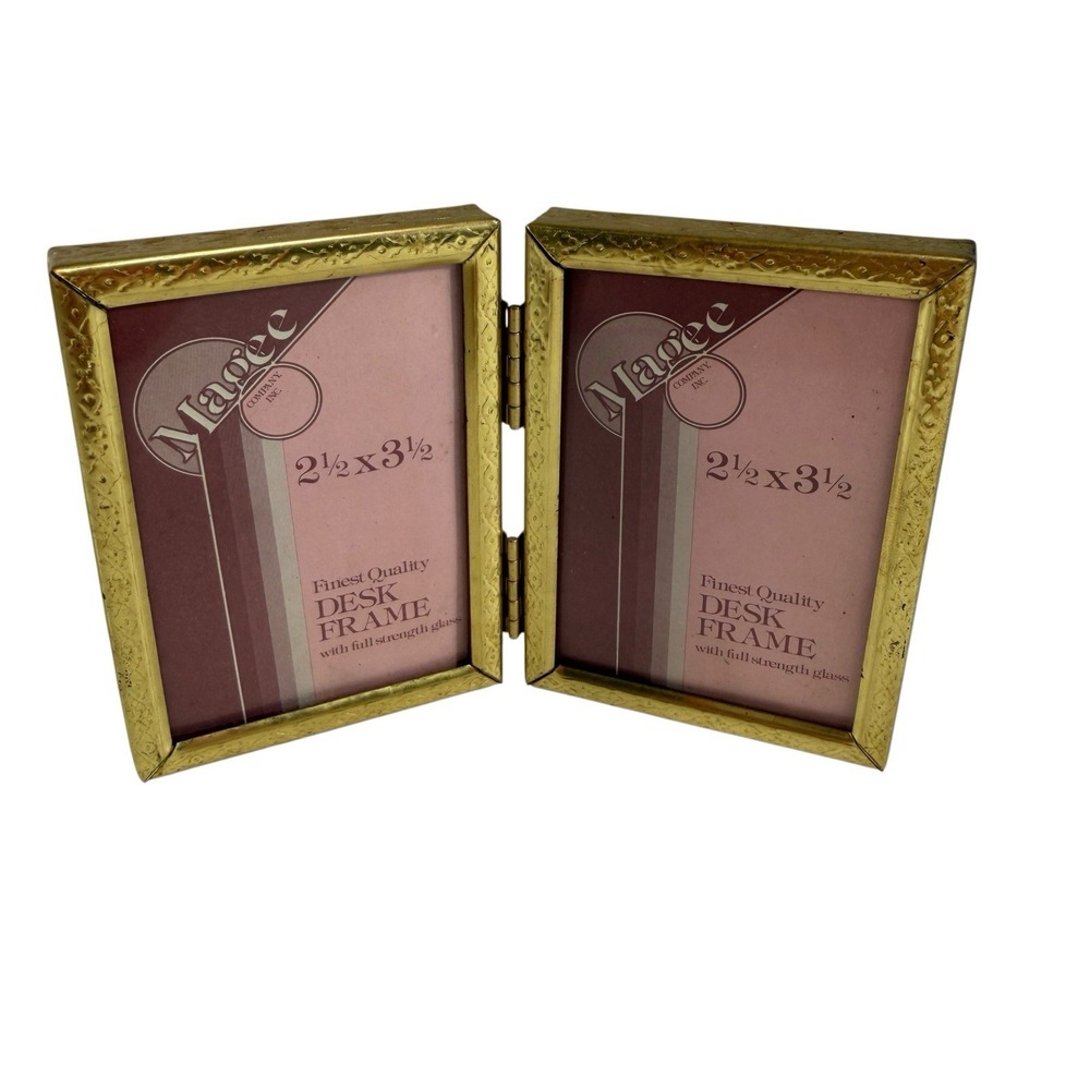 Vintage Magee Folding Brass Ornate Standing Double Picture Photo Frame 2.5 X 3.5